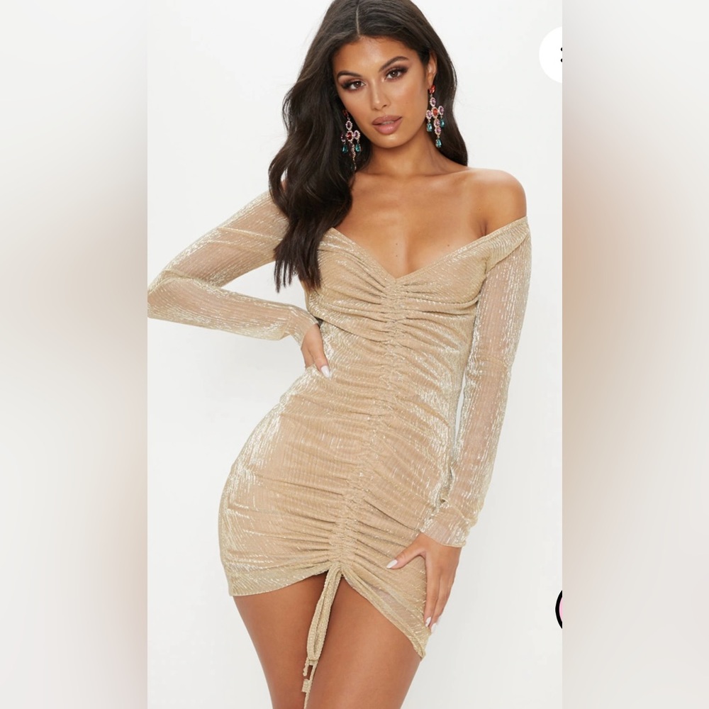 PLT Gold Metallic Plisse Ruched Front Bardot Bodycon Dress